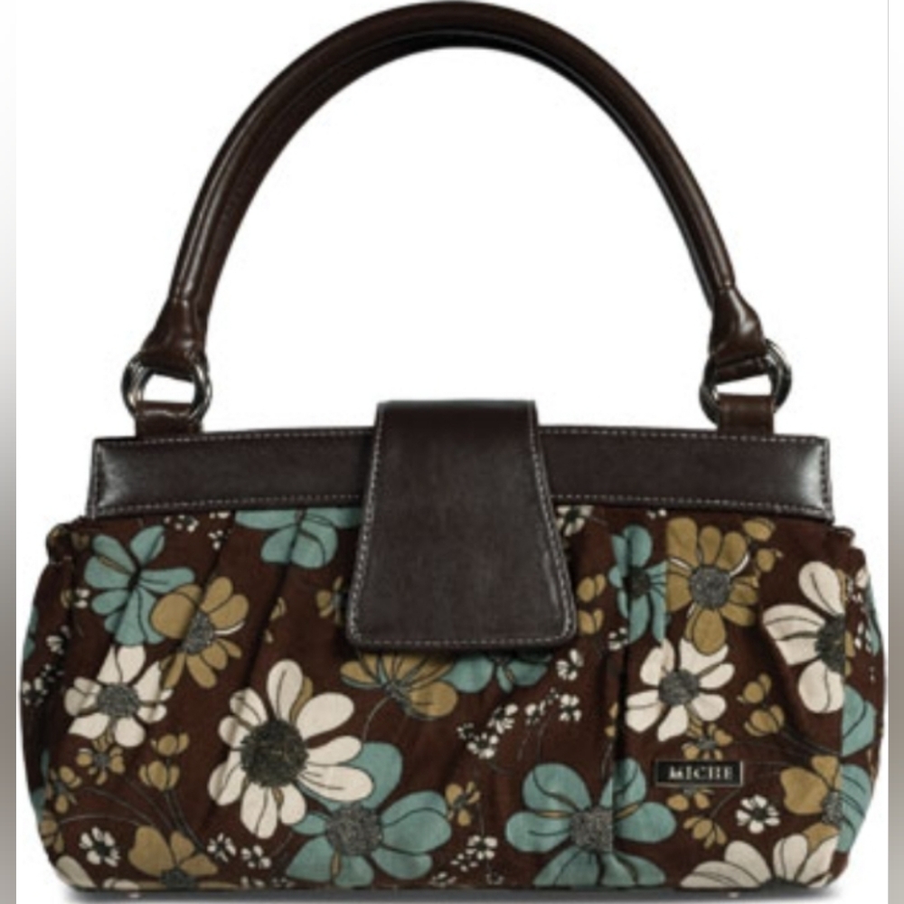 Miche Classic Ashley Shell a brown corduroy clutch with a floral pattern